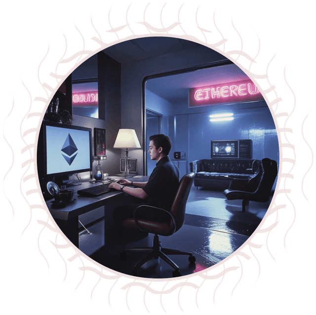 Giovane uomo al computer con il logo di Ethereum sullo schermo, seduto in una stanza moderna con neon rosa 'Ethereum' sullo sfondo.