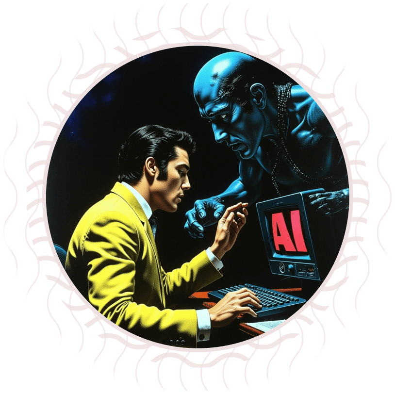 Uomo in abito giallo davanti a un computer con la scritta 'AI' sullo schermo. Una figura oscura e minacciosa gli si avvicina da dietro.