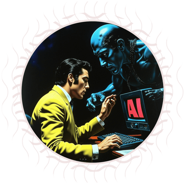 Uomo in abito giallo davanti a un computer con la scritta 'AI' sullo schermo. Una figura oscura e minacciosa gli si avvicina da dietro.